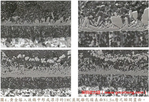 下面四張圖片為放大4500倍的SEM圖像，說明在回流焊爐熱量不足的情況下，黃金成份正要從鎳層分離融入焊錫之中的瞬間，當(dāng)零件遭受外力沖擊的時(shí)候就極有可能從這一整排AuSn、、AuSn2或AuSn4的IMC處裂開。