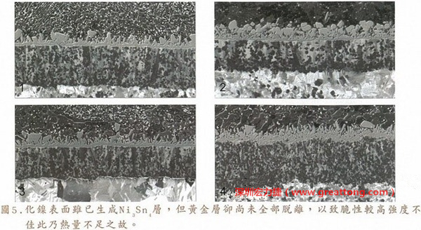 下面四圖顯示，當(dāng)焊接的熱量不足或未持續(xù)時(shí)，雖然Ni3Sn4的薄薄IMC層已經(jīng)生成而焊牢，但也會(huì)因?yàn)锳uSn及AuSn2還未來得及逸走，而停留在共金介面附近，當(dāng)有外力拉扯的時(shí)候，就很容易斷裂開來。這就是為何ENIG的焊點(diǎn)強(qiáng)度，始終不如銅面焊點(diǎn)(Cu6Sn5)來得更為牢固的主因之一。