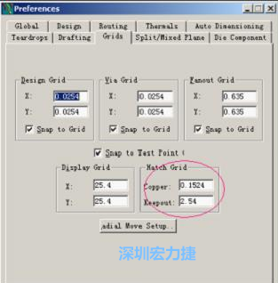  改銅皮的填充網(wǎng)格Global→Design Units，填充方向Drafting→Direction；Hatch Grid中Copper此數(shù)值為大銅箔中所填充的線條中心到中心的距離。