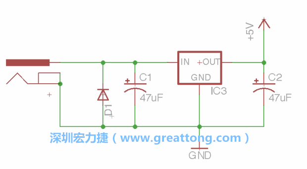 新增RBBB→Power_Jack，將它放在電壓調整器的輸入端旁邊。