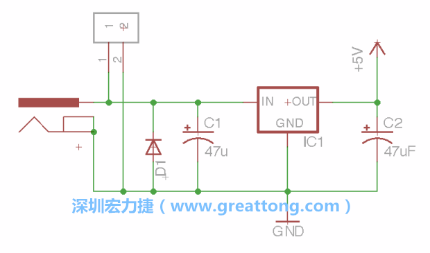 2.5.    新增一個二極體，它會以水平的狀態(tài)出現在屏幕上，請使用「旋轉（Rotate）」工具把它負極那一面朝上，并且用「網絡連接」工具將它連接在電壓調整器的輸入端和接地端之間。