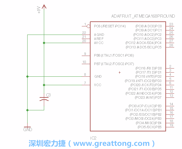 3.1.    新增微控制器晶片（RBBB → ATmega），把它放在電路原理圖的中央附近，把它的兩個接地接頭連接到接地訊號端。