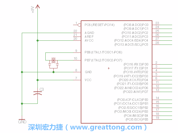3.2.    在靠近ATmega的電源供應(yīng)針腳7的位置放置一個0.1μF的電容，將它分別連接電源、接地端和針腳7。