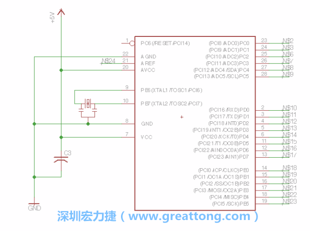 3.3.    將共鳴器（resonator）放置在針腳9和針腳10附近，將它的三個針腳連接如圖所示，并確認(rèn)最中間的針腳有連到接地端。