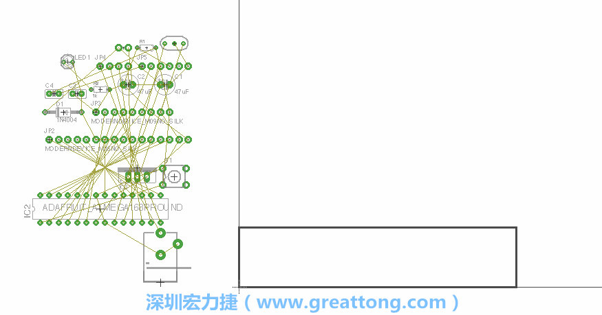 第一次執(zhí)行布線編輯器時(shí)，你會(huì)發(fā)現(xiàn)有兩個(gè)區(qū)塊，左邊的區(qū)塊非?；靵y，而右邊的區(qū)塊則是一個(gè)長(zhǎng)方形的工作區(qū)域，EAGLE免費(fèi)版會(huì)限制你的工作區(qū)域在4” x 3.2”的范圍內(nèi)，如果你試圖將元件擺放在工作區(qū)外的話，就會(huì)跳出警示訊息。
