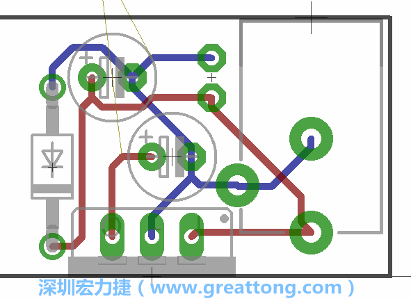 接地連結(jié)點(diǎn)的布線情形如下圖所示，利用這個(gè)練習(xí)來(lái)避免電路連線銳角化的產(chǎn)生是一個(gè)不錯(cuò)的選擇，你可以在工具列中的彎曲線路（Wire Bend）選項(xiàng)里改變各種布線的變化。