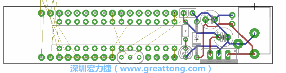 將ATmega微控制器、三個(gè)GPIO排針（JP2, JP3, JP4）和諧振器（resonator）排置如上圖所示。