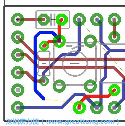 要在電路板正面進(jìn)行+5V信號(hào)線連結(jié)和其他連結(jié)點(diǎn)的布線工作是非常容易的，而重置信號(hào)線（信號(hào)線用來(lái)連結(jié)電路板正面左邊的重置開(kāi)關(guān)）需要經(jīng)過(guò)一個(gè)可以通過(guò)電路板正反兩面的電路通道，這個(gè)通道是一個(gè)可以讓電路板正反兩面線路連接的一個(gè)小孔。