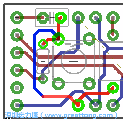 為了要?jiǎng)?chuàng)造一個(gè)電路通道，首先要先點(diǎn)擊重置開(kāi)關(guān)的連結(jié)點(diǎn)進(jìn)行布線，在電路板的背面繪制線路直到其它線路前的乾淨(jìng)區(qū)域。