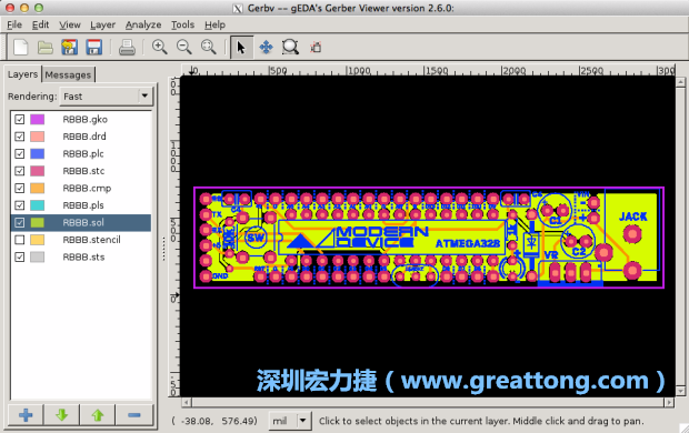 將圖層匯入你的Gerber預(yù)覽工具內(nèi)（下圖為Gerbv），我通常會(huì)從上到下重新排列它們的順序，好讓我比較好校對：